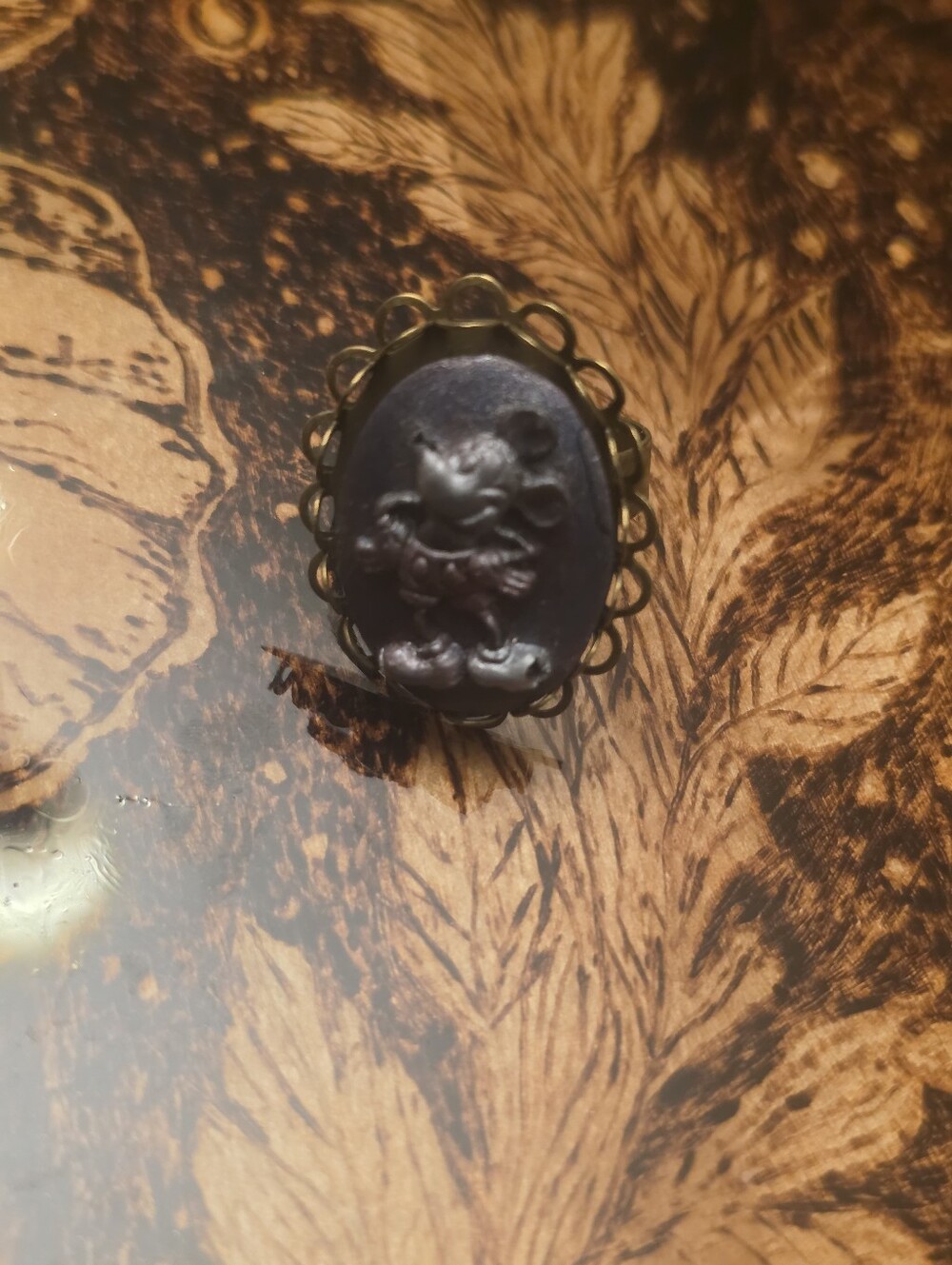 Mickey Mouse Resin Cabochon In A Bronze Tone Adjustable Ring